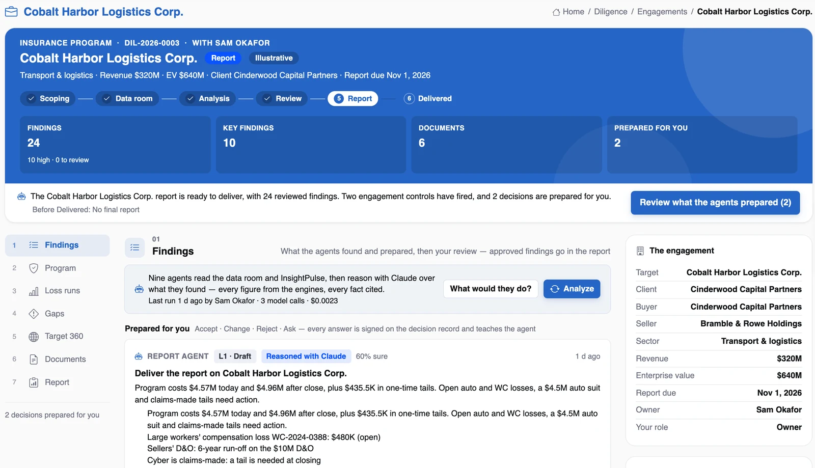 The Diligence Workspace for an illustrative logistics target at Report