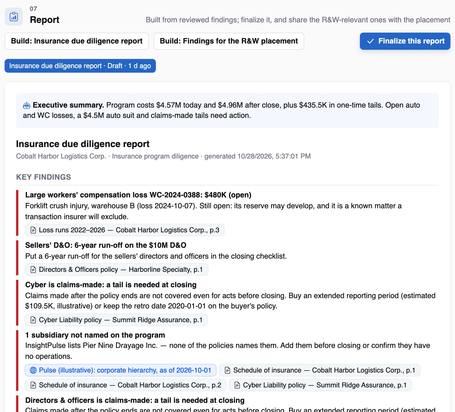 A draft insurance due diligence report built from reviewed findings