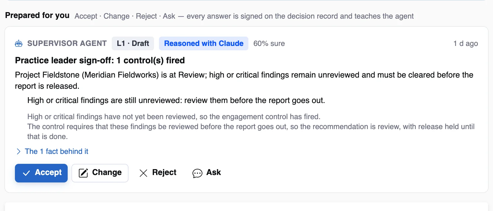 A prepared decision from the supervisor agent with its reasons and Accept, Change, Reject, Ask